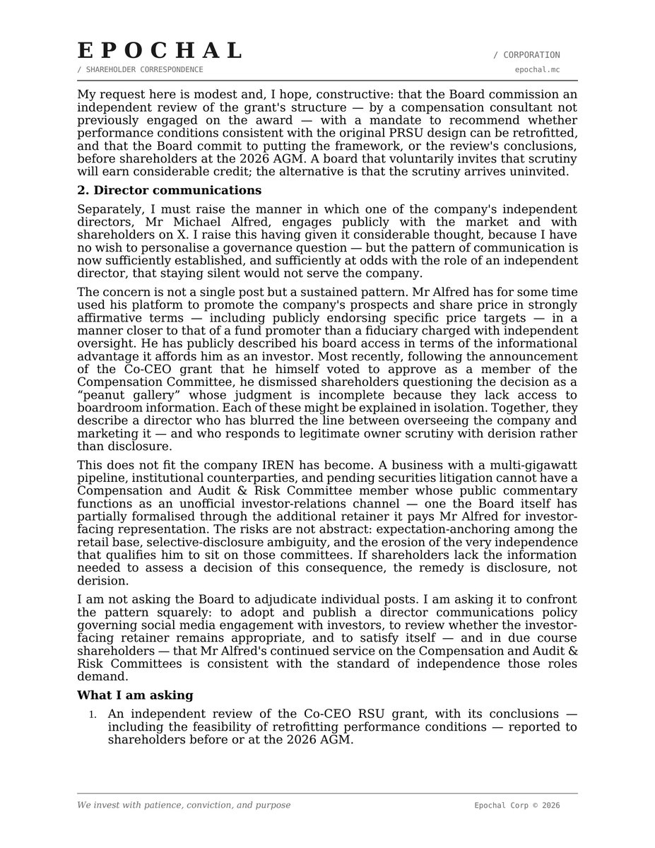 neel_epochal's tweet photo. Today I published an open letter to David Bartholomew, Chairman of $IREN.
Two requests: an independent review of the 18.2M RSU grant to the co-CEOs — time-vested, no performance conditions, ~5% dilution — and a board-level review of director conduct on this platform.
Written constructively. I'll publish the Board's response with the same prominence.
Full letter below. 👇