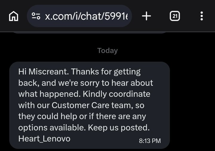 KissOccamsRazor's tweet photo. @LenovoSupport This the response for those following along at home. https://t.co/bQ8ABTkRZU