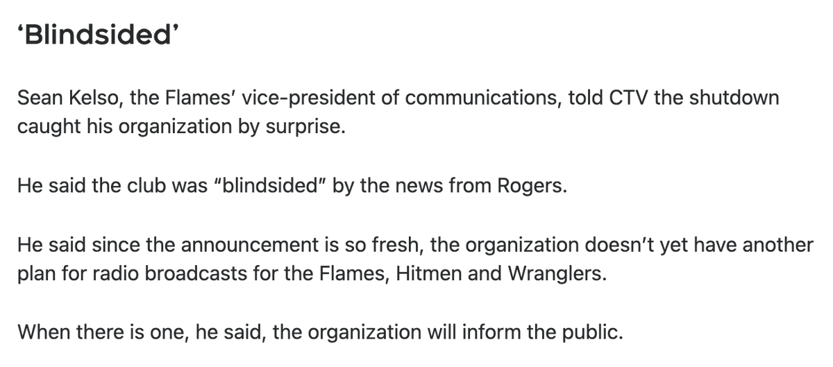 Robert_Munnich's tweet photo. Sean Kelso, VP of Communications for the Flames said the team was "blindsided" by the Fan 960 news today.   

It's wild that Rogers wouldn't let the Flames know that this was happening despite having the radio rights for the 2026-27 season.

Story courtesy of CTV News Calgary https://t.co/pOHGMFGf7B