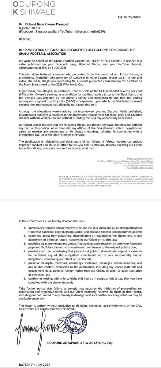 QuakuAde's tweet photo. The Ghana Football Association has written to Big Scout YouTube channel concerning a false publication and defamatory allegations made on the channel. https://t.co/mu8lJrBstK