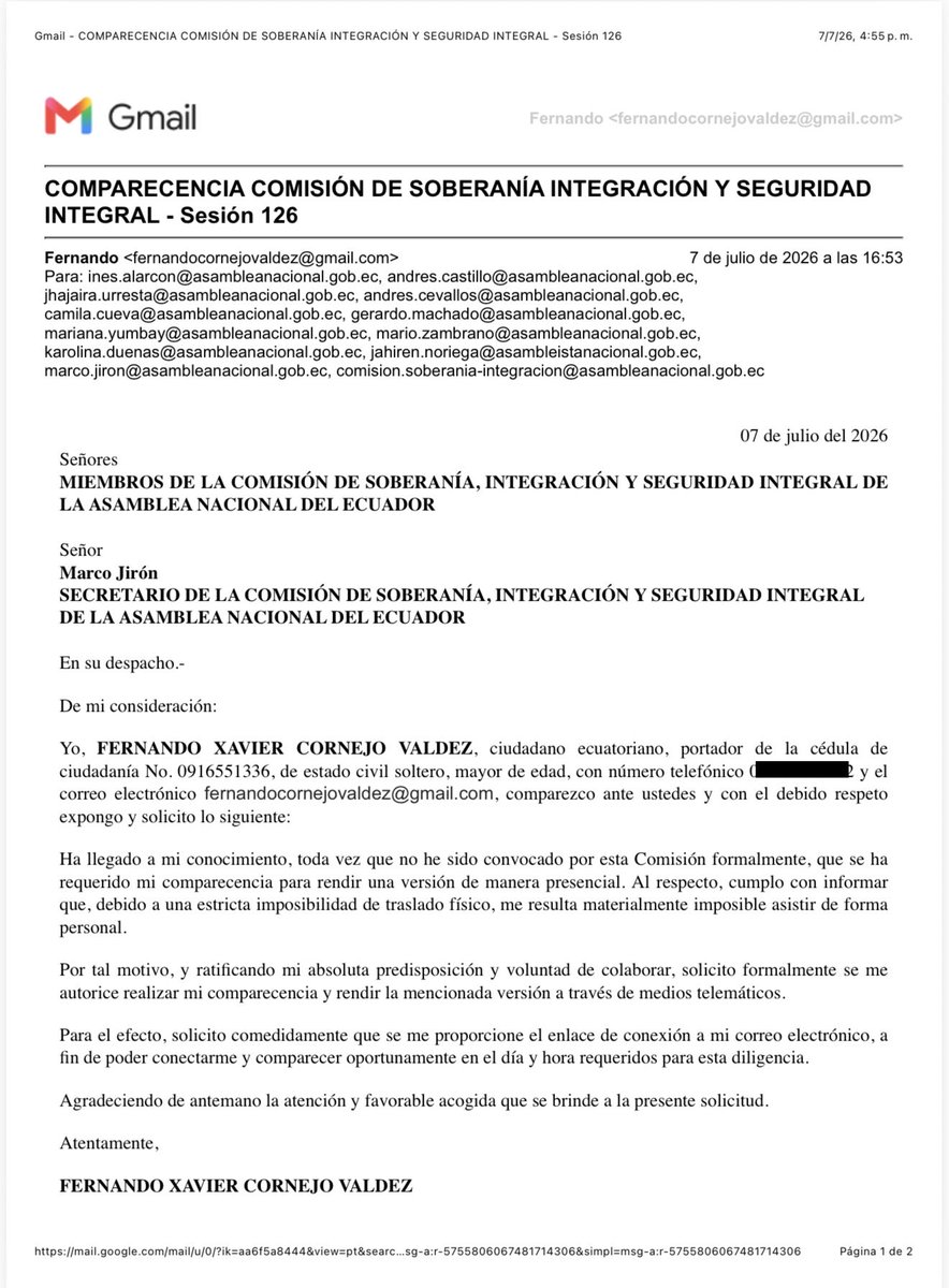 FernandCornejoV's tweet photo. A pesar de no haber sido convocado formalmente por la Comisión de Soberanía, Integración y Seguridad Integral de la Asamblea Nacional, hoy presenté voluntariamente una solicitud para comparecer mediante medios telemáticos.

Lo hago porque siempre he estado, y seguiré estando, dispuesto a colaborar con absoluta transparencia para que los hechos sean plenamente esclarecidos.

Los ecuatorianos, y especialmente los guayaquileños, merecen conocer la verdad. 

Mi compromiso es aportar toda la información de la que dispongo en virtud de las funciones que desempeñé, con absoluto respeto al debido proceso y a las instituciones del Estado.