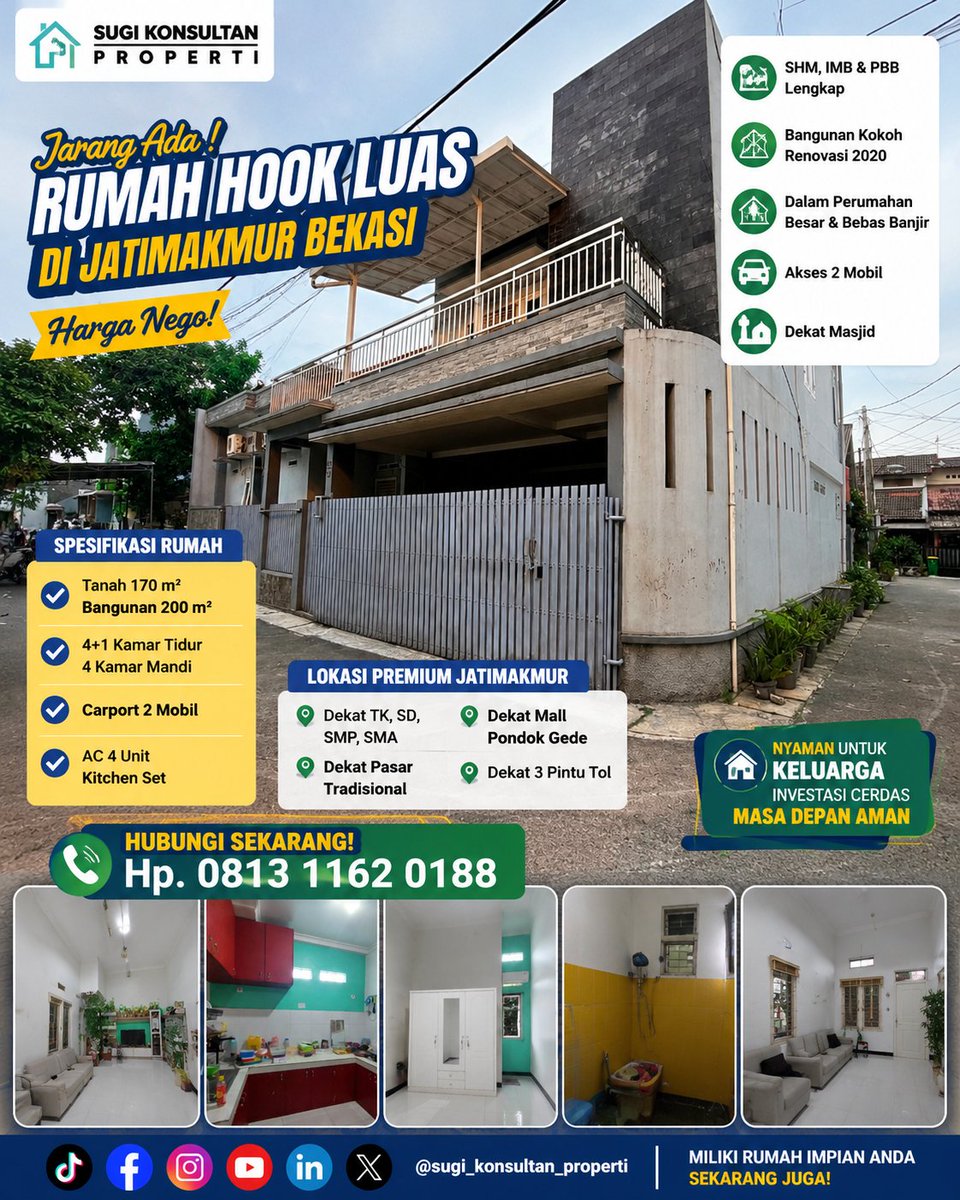 sugi_properti's tweet photo. 🔥 Jarang Ada! Rumah Hook Luas dengan Harga Nego di Jatimakmur Bekasi.

✅ Tanah 170 m² | Bangunan 200 m²
✅ 4+1 Kamar Tidur | 4 Kamar Mandi

💰 Harga turun dari Rp1,8 M menjadi hanya Rp1,6 M (Nego Tipis).

📲 Minat serius? Hubungi Sugi sekarang juga: https://t.co/gTWdHEOPxQ https://t.co/JWpEh6R7m0