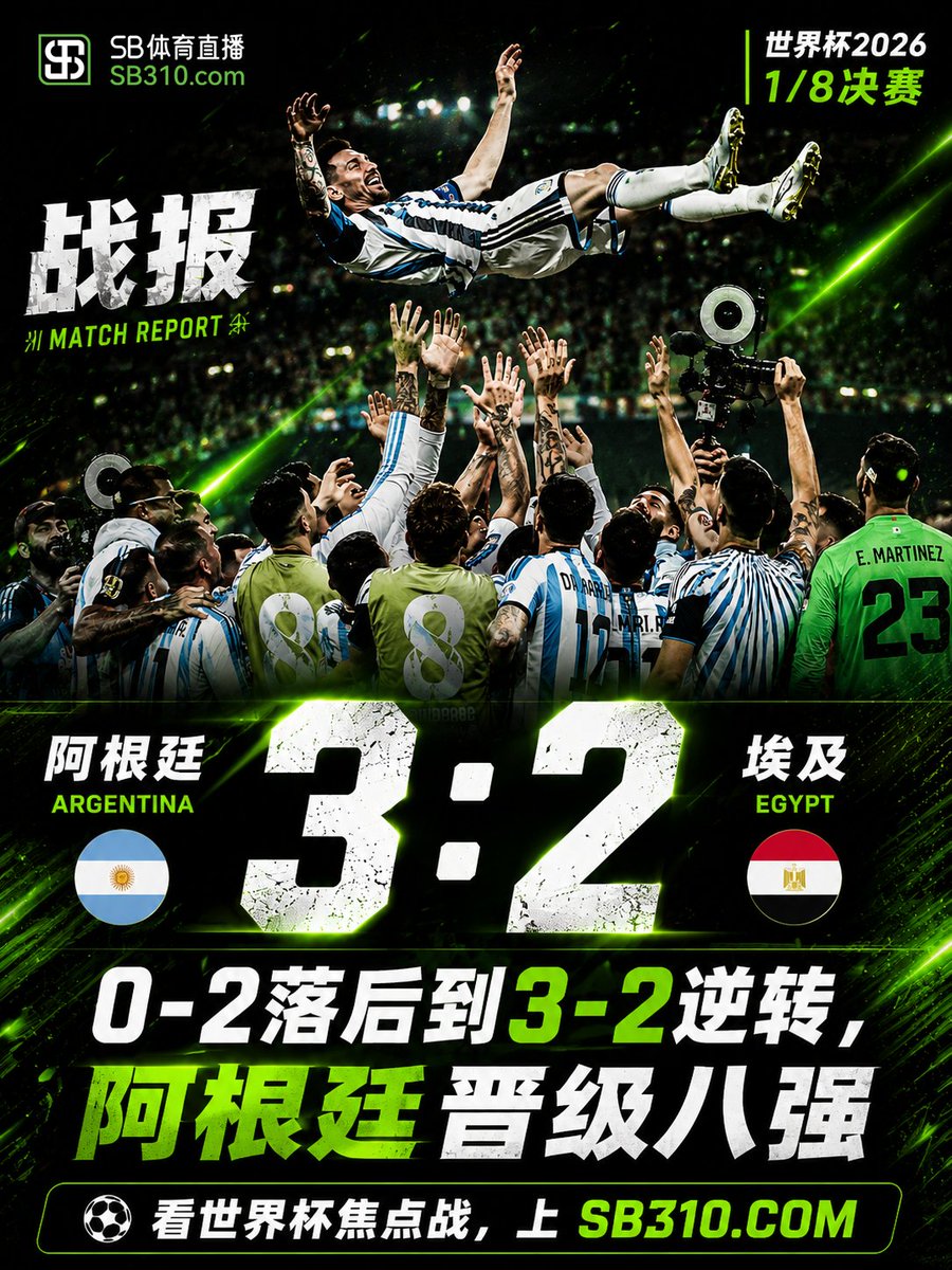 SB310_com's tweet photo. 0-2落后，3-2翻盘！阿根廷这场真是命硬啊🔥

世界杯2026 1/8决赛，阿根廷在两球落后的情况下完成逆转，最终 3-2击败埃及，惊险杀进八强！⚽🇦🇷

从绝境追到反超，这就是淘汰赛的刺激感。阿根廷没有崩��硬是把比赛抢了回来。💪

阿根廷 3-2 埃及
逆转晋级，八强见！🏆

看世界杯焦点战，上 https://t.co/1yWsA6SsyT

#SB体育直播 #世界杯 #阿根廷