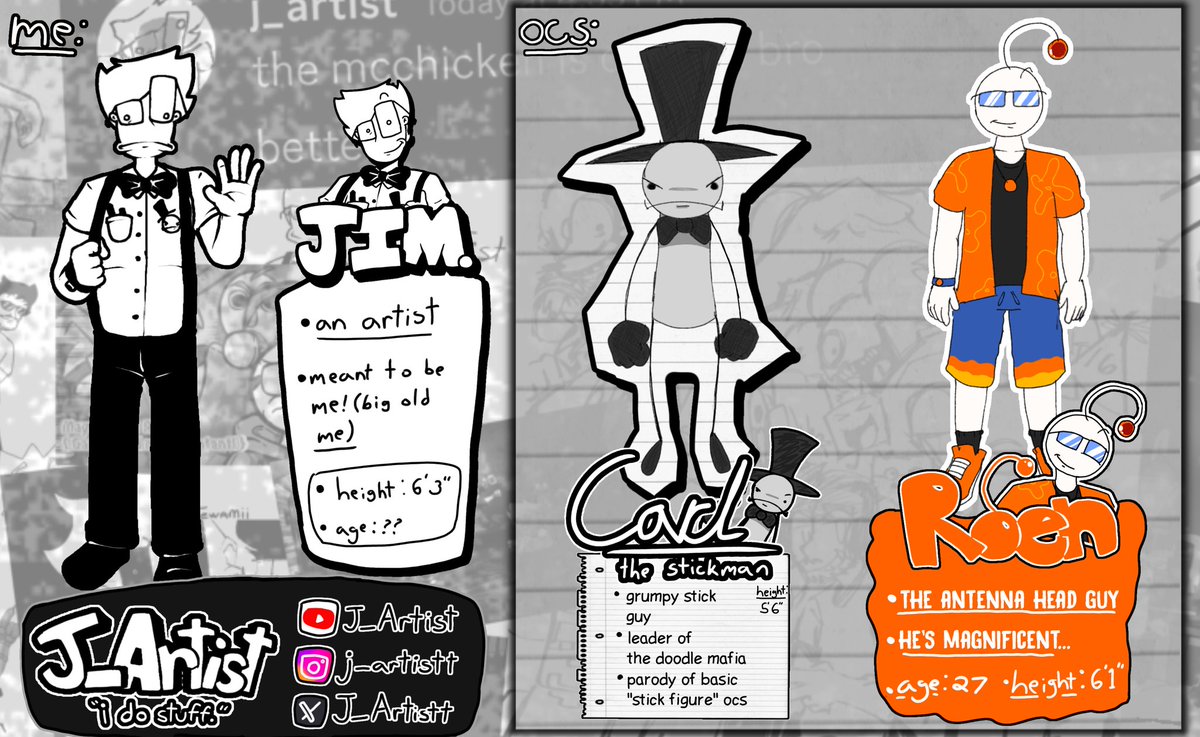 J_Artistt's tweet photo. after way too long,

here's a new ref sheet/pinned post!

it has me as well as my two main ocs, carl and roen, on it. my socials are all on here as well at least i actively use at least lol

(not my first art of 2026 but definitely long overdue)

(#j_artist #freefrancdacake) https://t.co/aKtEAL7Qvg