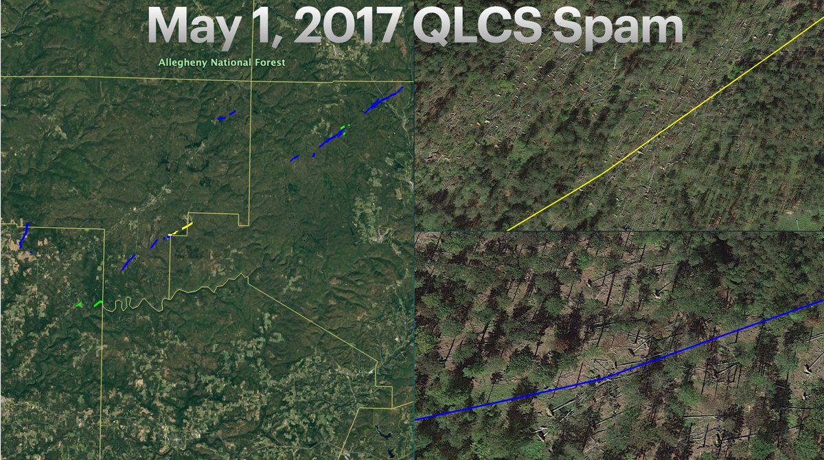 nickwilkeswx's tweet photo. When I did a presentation about PA tornado climatology for @Ams_swpa a few months ago, I highlighted the challenges with the modern record. This quote from my speaker's notes sums it up nicely: "When tornadoes are under-documented — whether intentionally or not — it creates real problems. From a climatology standpoint, it skews the historical record: frequency, trends, and risk are all underestimated."  

Here are a few slides from that presentation; two events I highlighted include a tornado in Altoona, PA, in 2021 that was officially classified as a microburst, despite clearly convergent treefall and debris being lofted nearly 10K feet; and a strong (likely F/EF-2) tornado in Franklin County in January 1996. I also covered a third event, which was a QLCS "Spam Event" in 2017 in which only 12 tornadoes were officially confirmed, but when reviewing aerial imagery, there were no fewer than 28 tornadoes across northwest/north central PA from that event, and numerous microbursts that may have had other brief embedded spin-ups. 

More details in the alt captions.