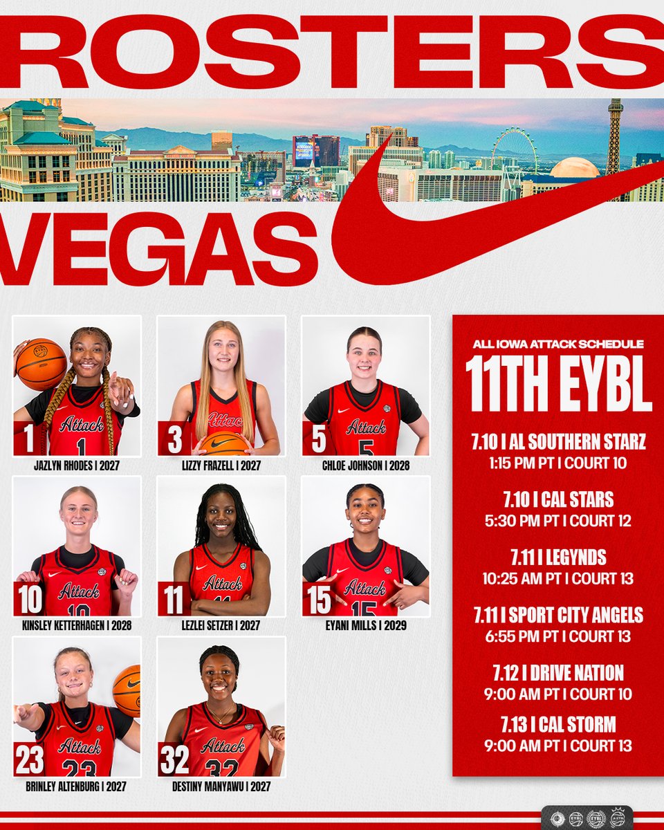 AllIowaAttack's tweet photo. 𝓙𝓤𝓛𝓨 𝓛𝓘𝓥𝓔 𝓢𝓒𝓗𝓔𝓓𝓤𝓛𝓔 🏀
Starts Friday ...

EYBL Session III
🗓️ July 10-13
📍 Las Vegas, NV

#AttackFamily #2026EYBL
#2026EYCL | #Road2Chi https://t.co/3Dd44dOdfC