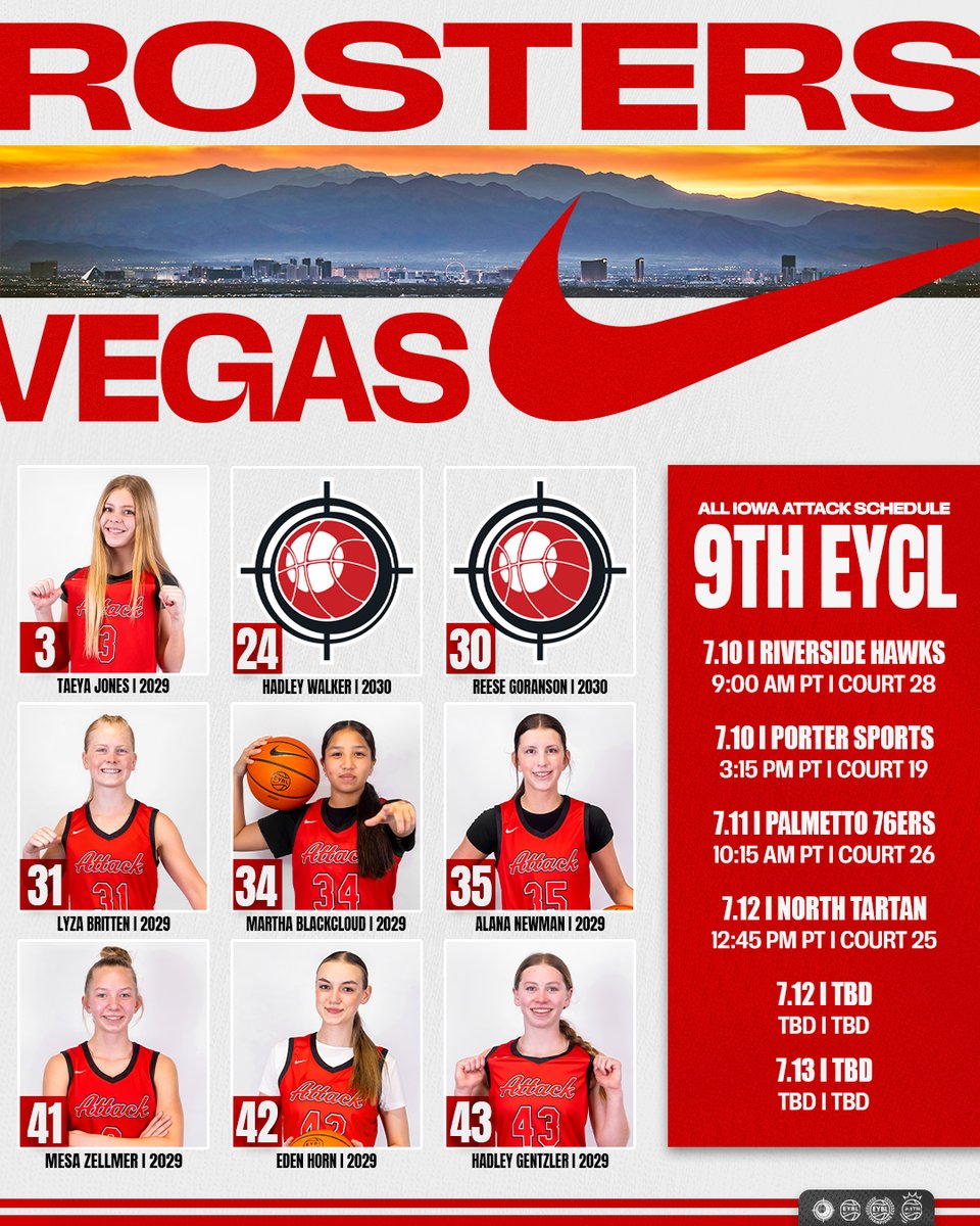 AllIowaAttack's tweet photo. 𝓙𝓤𝓛𝓨 𝓛𝓘𝓥𝓔 𝓢𝓒𝓗𝓔𝓓𝓤𝓛𝓔 🏀
Starts Friday ...  

EYBL Session III 
🗓️ July 10-13 
📍 Las Vegas, NV

#AttackFamily #2026EYBL 
#2026EYCL | #Road2Chi https://t.co/ucKQ2lYWP5