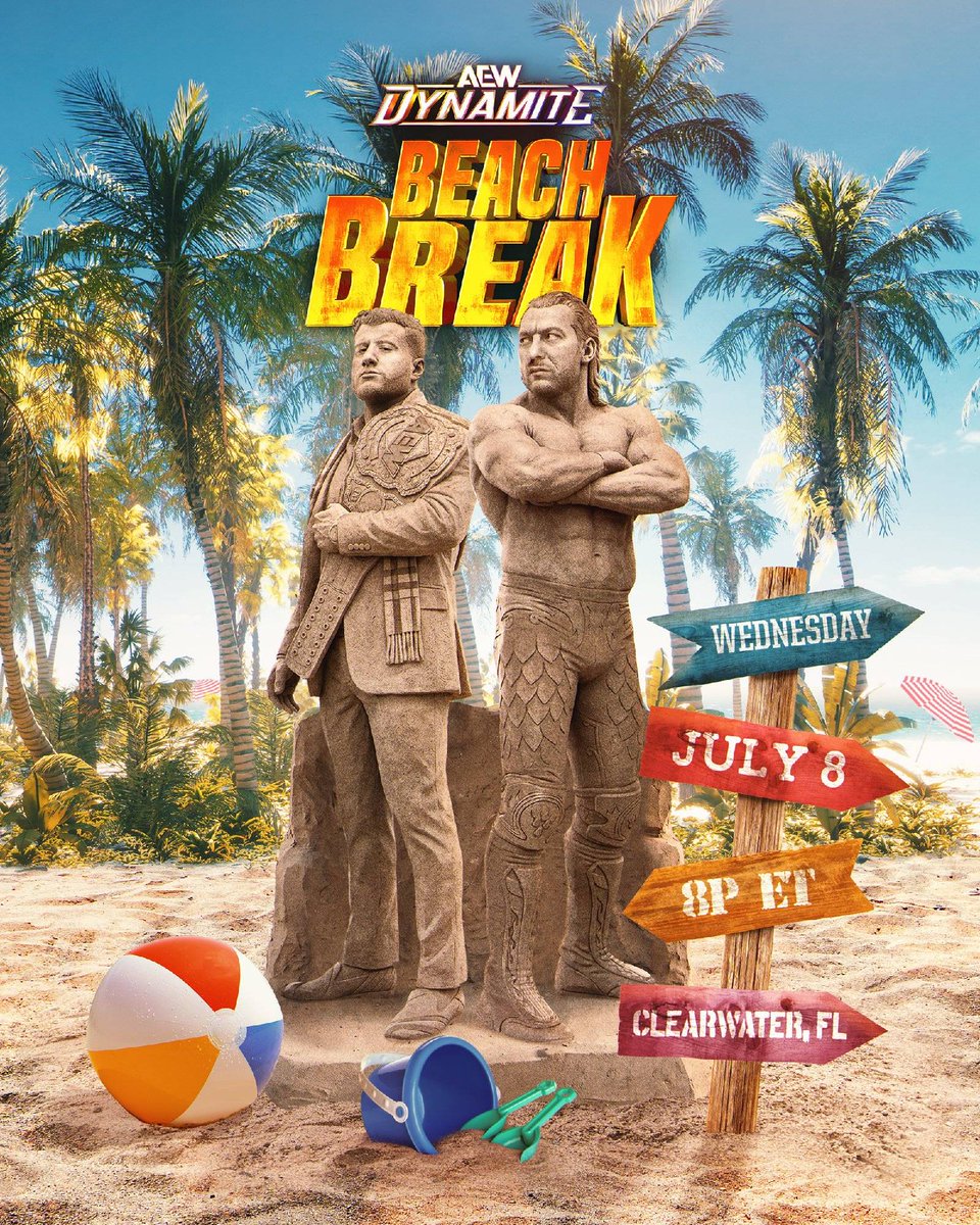 AEWonTV's tweet photo. Will Kenny Omega's hopes of becoming AEW World Champion for a second time come to fruition, or will MJF wash those hopes away like sandcastles built along the tides?

#AEWDynamite Beach Break is LIVE this Wednesday at 8/7c on TBS and HBO Max https://t.co/StDPcsYuyC