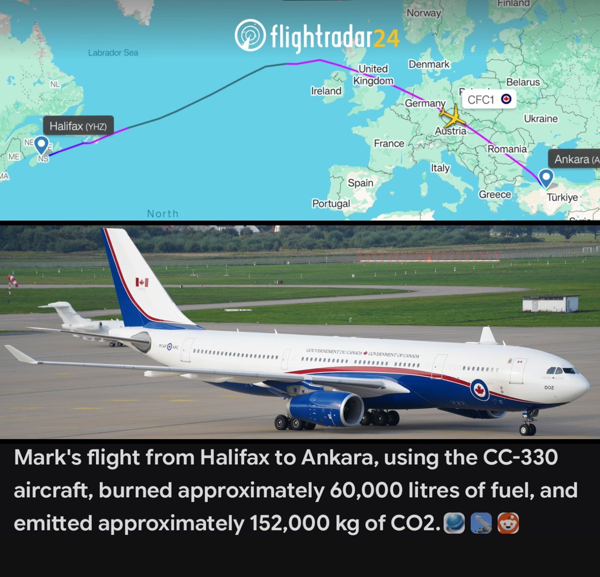 CarneyEmissions's tweet photo. Last night, Mark snuck out of Halifax, and flew his enormous jet to Ankara.

This is just the latest of his many overseas trips this year.

This one flight burned roughly 60,000 litres of jet fuel, and emitted over 150,000kg of CO2. https://t.co/HYdHJrF1Jk