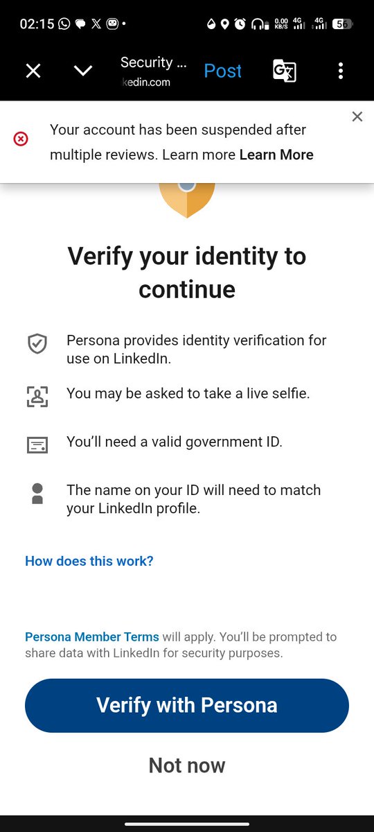 SadiqYu12689130's tweet photo. @LinkedInHelp @LinkedIn 
My account is restricted. I have tried to complete the identity verification multiple times through both the mobile browser and the official LinkedIn app, but the Persona system continually crashes with the error 'Something unexpected happened. https://t.co/Grv4CeDMK7