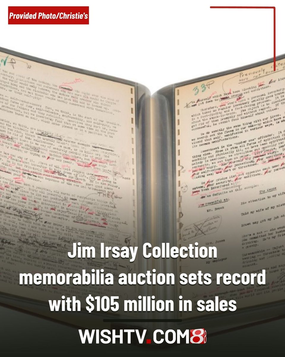 WISHNews8's tweet photo. The Jim Irsay Collection auction series concluded with a total of $105,266,766 in sales, including the original working manuscript of Alcoholics Anonymous (in photo) for $2,393,000, and a letter from George Washington to Thomas Jefferson for $2,759,000. https://t.co/OYAd5tdBll https://t.co/moHz7kJn7x