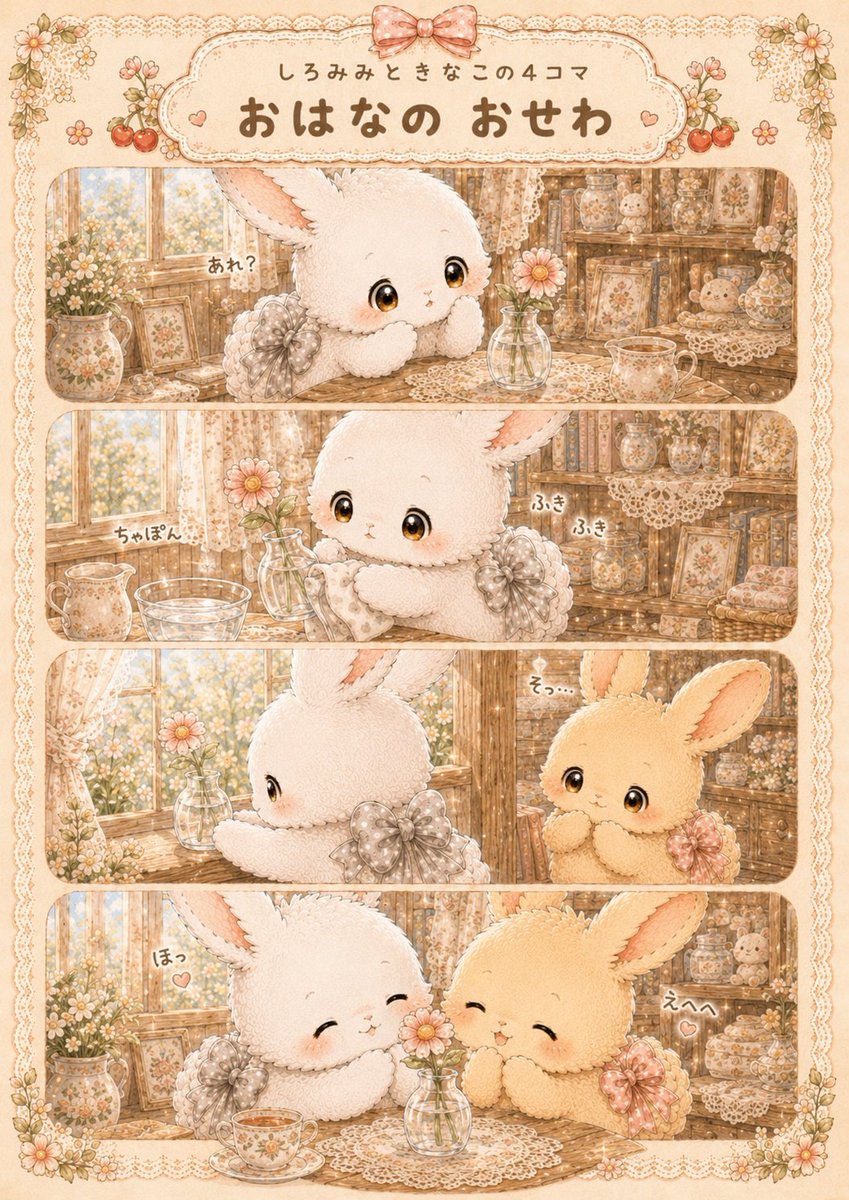 Shlromimikinako's tweet photo. しろみみときなこの4コマです🐰🤍
「おはなの おせわ」
きなこからもらったお花を、
しろみみは今日もそっと大切にしています🌼
お水をかえて、花瓶をふきふきして、
やさしい光のそばへ……。
大事にされたお花には、
ふたりの気持ちも少しずつしみこんでいくのかもしれません🐰🤍
#しろみみときなこ
#うさぎイラスト
#AIイラスト