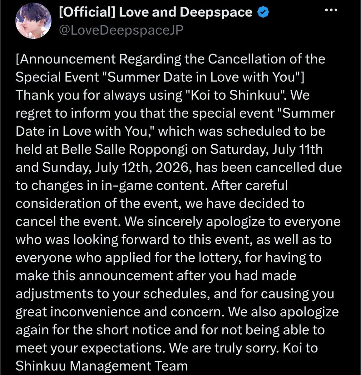 ChexPagano's tweet photo. Besides BiliBiliWorld 2026 Cancellation, they just cancelled a JP Live Event #LoveandDeepspace #BringBackValko https://t.co/fhA9QEGlfN