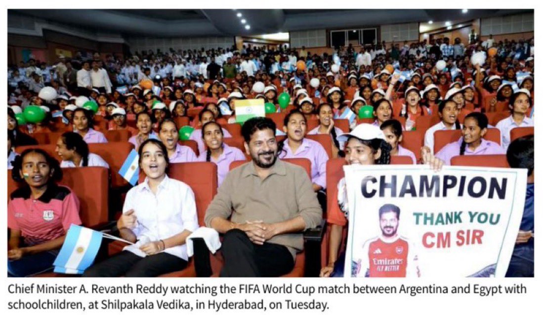 FabulasGuy's tweet photo. What Kind of PR is this 😭🥹

Schoolchildren were made to sit through a football match until 12 ⌚️on a school night.

And why is a child sitting next to the CM holding a poster thanking the “Champion” CM, what achievement he has in football?

If this had been in a stadium, it would have been different. But if it was just about watching the match, the children could have watched it comfortably from home.

And Piddis attack PM when kids travel in vande bharat inauguration that too in day time.