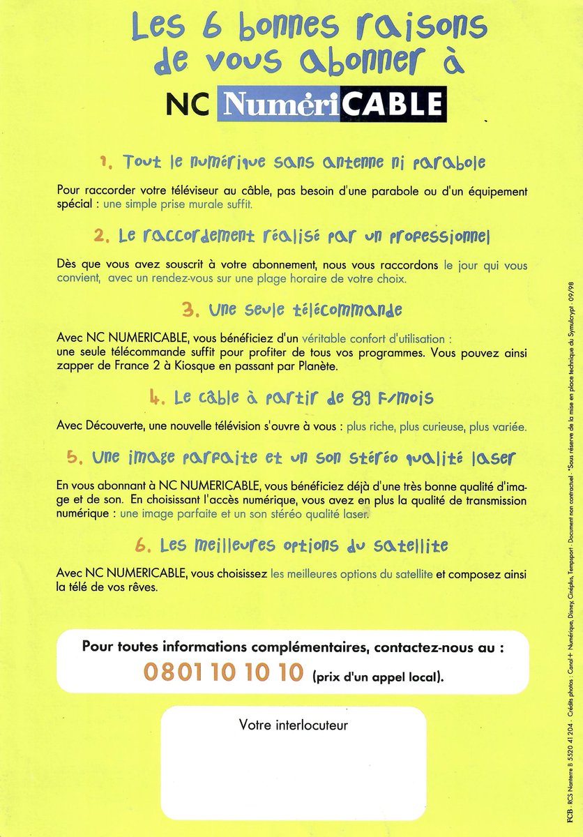 fellague's tweet photo. Aujourd'hui, focus sur les offres commerciales de NC Numericable en septembre 1998.

#TV #HD #Cable #NCNumericable #Numericable #CanalPlus #Mediasat #Numerique #OTT #IPTV #SFR #Television https://t.co/W0772kfWUN