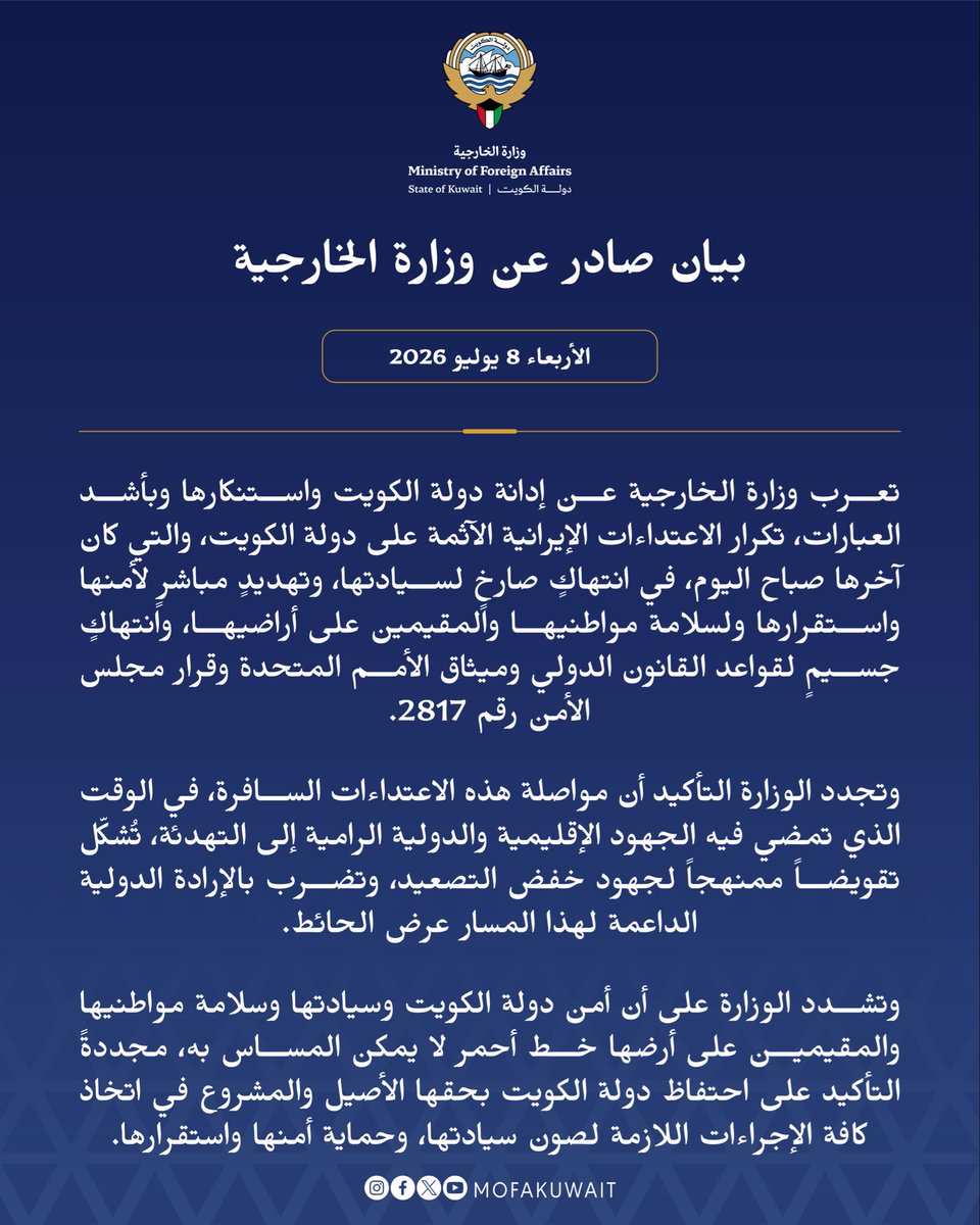 MOFAKuwait's tweet photo. بيان صادر عن وزارة الخارجية
الأربعاء 8 يوليو 2026

تعرب وزارة الخارجية عن إدانة ��ولة الكويت واستنكارها وبأشد العبارات، تكرار الاعتداءات الإيرانية الآثمة على دولة الكويت، والتي كان آخرها صباح اليوم، في انتهاكٍ صارخٍ لسيادتها، وتهديدٍ مباشرٍ لأمنها واستقرارها ولسلامة مواطنيها والمقيمين على أراضيها، وانتهاكٍ جسيمٍ لقواعد القانون الدولي وميثاق الأمم المتحدة وقرار مجلس الأمن رقم 2817.

وتجدد الوزارة التأكيد أن مواصلة هذه الاعتداءات السافرة، في الوقت الذي تمضي فيه الجهود الإقليمية والدولية الرامية إلى التهدئة، تُشكّل تقويضاً ممنهجاً لجهود خفض التصعيد، وتضرب بالإرادة الدولية الداعمة لهذا المسار عرض الحائط.

وتشدد الوزارة على أن أمن دولة الكويت وسيادتها وسلامة مواطنيها والمقيمين على أرضها خط أحمر لا يمكن المساس به، مجددةً التأكيد على احتفاظ دولة الكويت بحقها الأصيل والمشروع في اتخاذ كافة الإجراءات اللازمة لصون سيادتها، وحماية أمنها واستقرارها.