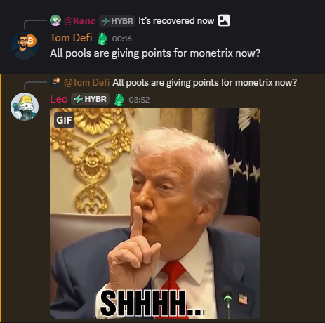 TomCryptoDefi's tweet photo. 🚨ALPHA ALERT🚨

All liquidity pools on @HybraFinance are now earning points for @monetrix_xyz.

I noticed it yesterday and asked about it in the official Discord. You can verify it yourself. I believe there's a scheduled announcement coming today, so positioning before it's officially announced could be a nice alpha.

If you're providing liquidity in pools like wHYPE/uBTC or USDC/USDT0(or another pool), you're already earning Monetrix points as well.

This is very bullish for both Hybra and Ignition depositors. Even if another DEX offers a similar APR, earning Monetrix points gives liquidity providers another reason to choose Hybra, it's an extra APR.

Monetrix is still in its early stages and is currently the #1 stablecoin yield protocol on HyperEVM.

If you want to position yourself early, you can also activate an extra 10% points boost by applying my referral link:

🔗https://t.co/JjsJZ7E6cl