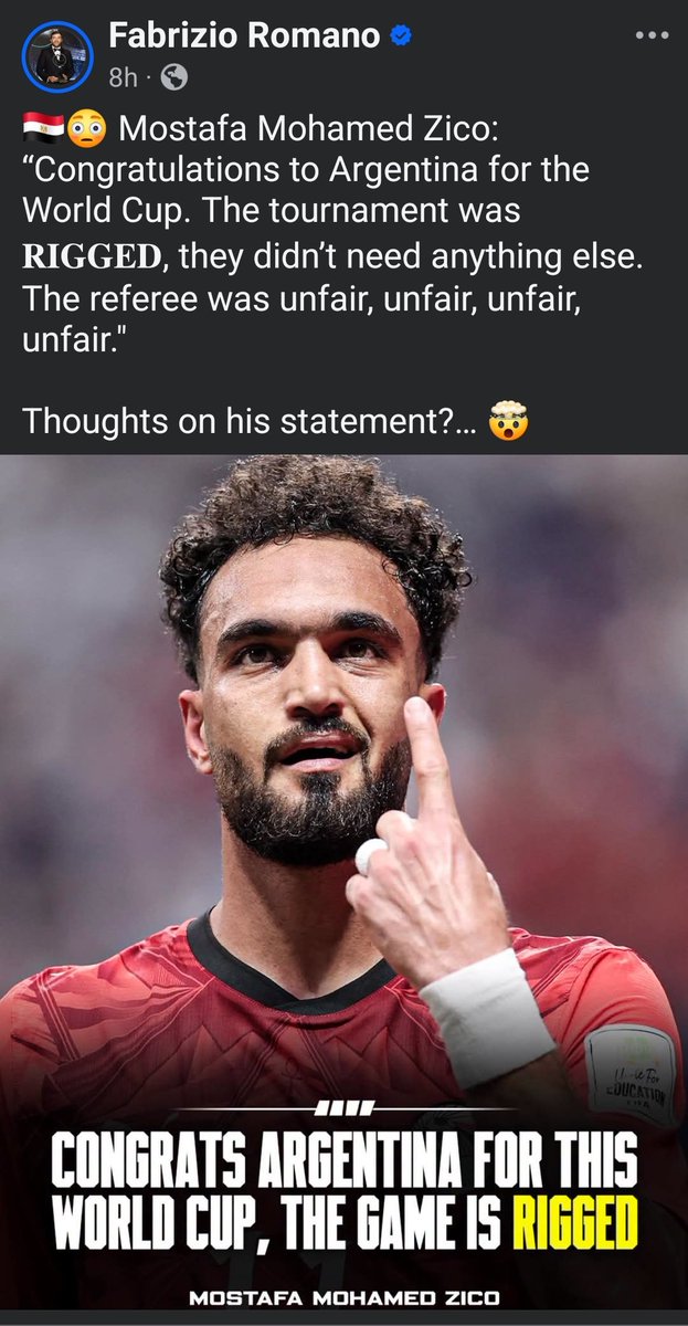 shicovice's tweet photo. هل لاحظتم أن الصحفي الأشهر فابريزيو رومانو عندما نقل النتيجة النهائية، لم يكتب ما��شيت "فوز الأرجنتين وتأهلها"، بل اختار عنواناً واحداً فقط: "رسمياً.. إقصاء مصر"؟!

هذه ليست صدفة أو مجرد صياغة خبرية عابرة. الصحافة الرياضية العالمية تد��ك جيداً أن ما جرى على أرض الملعب لم يكن انتصاراً كروياً للأرجنتين يستحق الاحتفاء والإشادة، بل كان "مجزرة تحكيمية" مكتملة الأركان لسرقة حلم الفراعنة.

 الإعلام العالمي يعلم أن بطاقة التأهل كانت بمثابة "مجاملة فجة" وتوجيهاً واضحاً بالـ VAR وقرارات مزدوجة المعايير لإنقاذ الأرجنتين، لذلك كان من الخجل المهني أن يتصدر المانشيت "فوز الأرجنتين" لأنه ببساطة فوز مسروق لا يشرف أحداً. الحقيقة التي نطق بها المانشيت بذكاء، والتي أكدتها شهادات أساطير مثل آلان شيرر، هي أن مصر لم تخسر كروياً، بل "تـم إقصاؤها" بفعل فاعل لتمرير الأرجنتين بأي ثمن! 🇪🇬🦅
 
#الكورة_مع_شيكوڤيتش