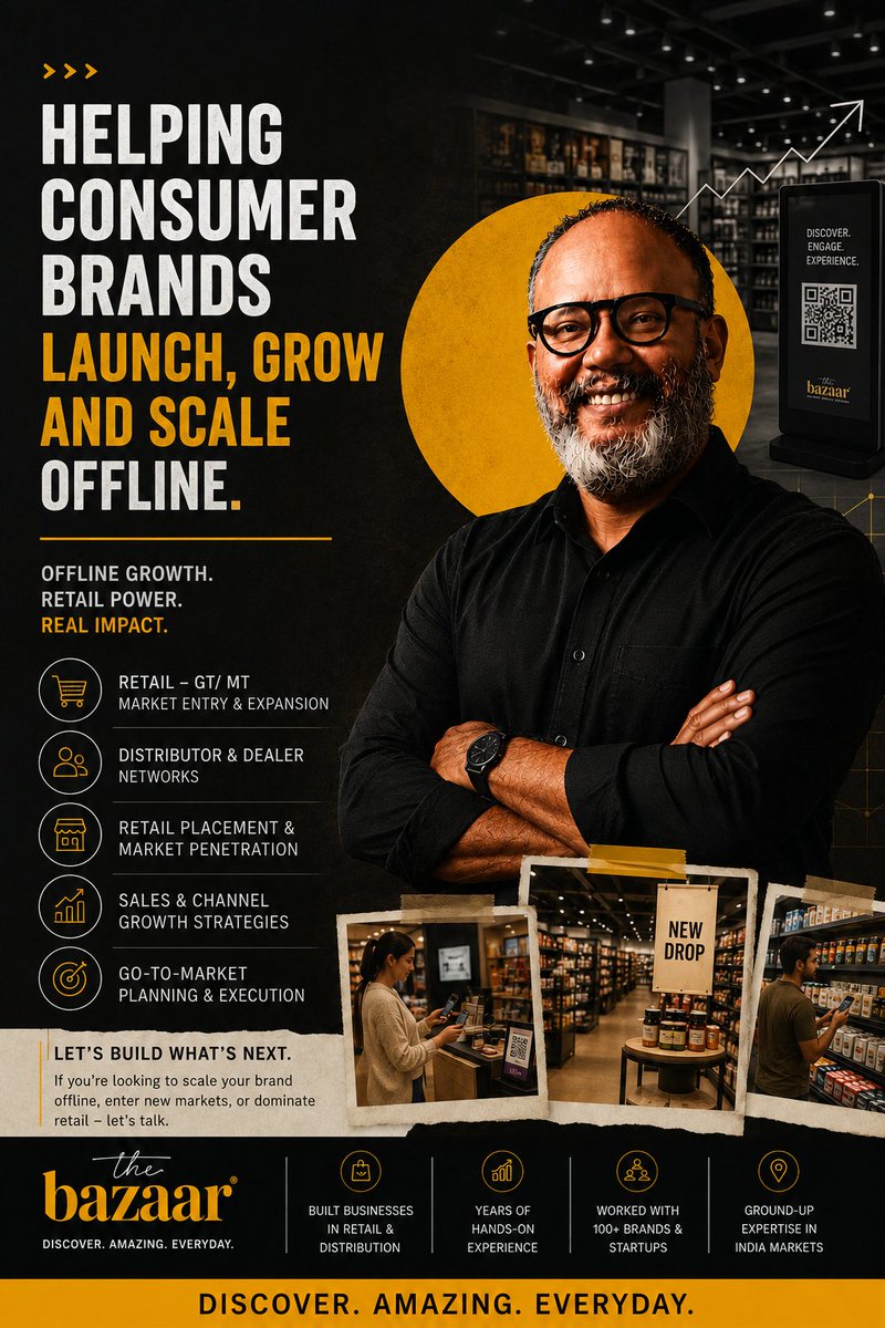 bigraaj's tweet photo. The next billion-dollar opportunity for consumer brands isn't online.

It's making offline as intelligent, measurable and delightful as digital.

For decades, brands have mastered digital.
Clicks.
Impressions.
Attribution.
Personalization.

But the moment a customer walks into the real world, most of that intelligence disappears.

A retail shelf becomes invisible.
A sampling campaign becomes guesswork.
An activation becomes photos in a report deck.

We accepted this for years because there wasn't a better way.

So we built The Bazaar. 

Our belief is simple: Every offline touchpoint should be measurable. Every interaction should be delightful.

Whether it's a pharmacy, salon, gym, café, college campus, coworking space or retail store, we transform physical spaces into intelligent brand experiences.

Not just with promoters.
Not just with activations.
With technology.

We add a digital intelligence layer to physical environments, enabling brands to:

• Launch products in the right markets.
• Capture valuable first-party customer data.
• Measure every customer interaction.
• Attribute engagement and conversions.
• Drive repeat purchases.
• Understand what works, where, and why.

Offline is no longer just a distribution channel.
It's a media channel.
It's a commerce channel.
It's a customer intelligence channel.

The Bazaar combines growth strategy, market expansion, retail execution, experiential activations and proprietary technology into one platform that helps consumer brands launch, grow and scale offline.

Because the future isn't about choosing between online and offline.
It's about giving the physical world the same intelligence, measurability and personalization we've come to expect from digital.

That's the future we're building.

#Retail #RetailMedia #OfflineCommerce #ConsumerBrands #FMCG #D2C #GrowthStrategy #MarketExpansion #RetailTech #FirstPartyData #CustomerExperience #BrandActivation #TheBazaar