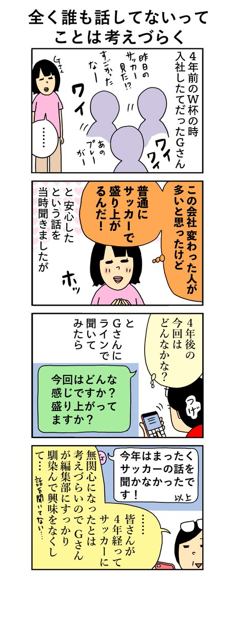 TakeShobo4koma's tweet photo. 柘植文の編集部かんさつ日記

第877回「全く誰も話していないってことは考えづらく」

答え合わせはまた4年後……⚽

＃柘植文　 #編集部かんさつ日記 https://t.co/VMzECavaS4