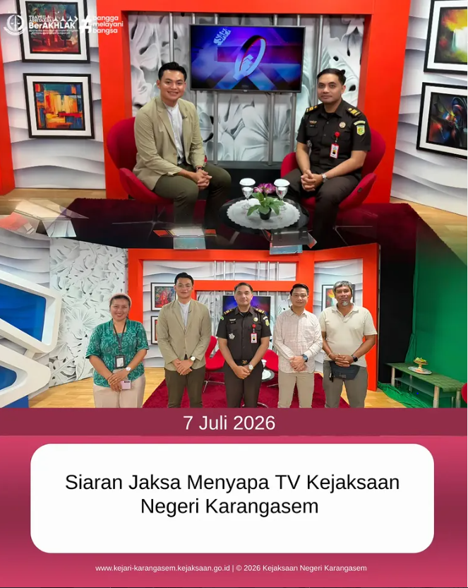 knkarangasem's tweet photo. Selasa, 7 Juli 2026 Kepala Seksi Pemulihan Aset dan Pengelolaan Barang Bukti Kejaksaan Negeri Karangasem, Aditya Wisnu Mulyadi, S.H., M.H., menjadi narasumber dalam program Jaksa Menyapa TV yang diselenggarakan di Studio Kompas TV Dewata, Gianyar. https://t.co/PGrxZxRzDj