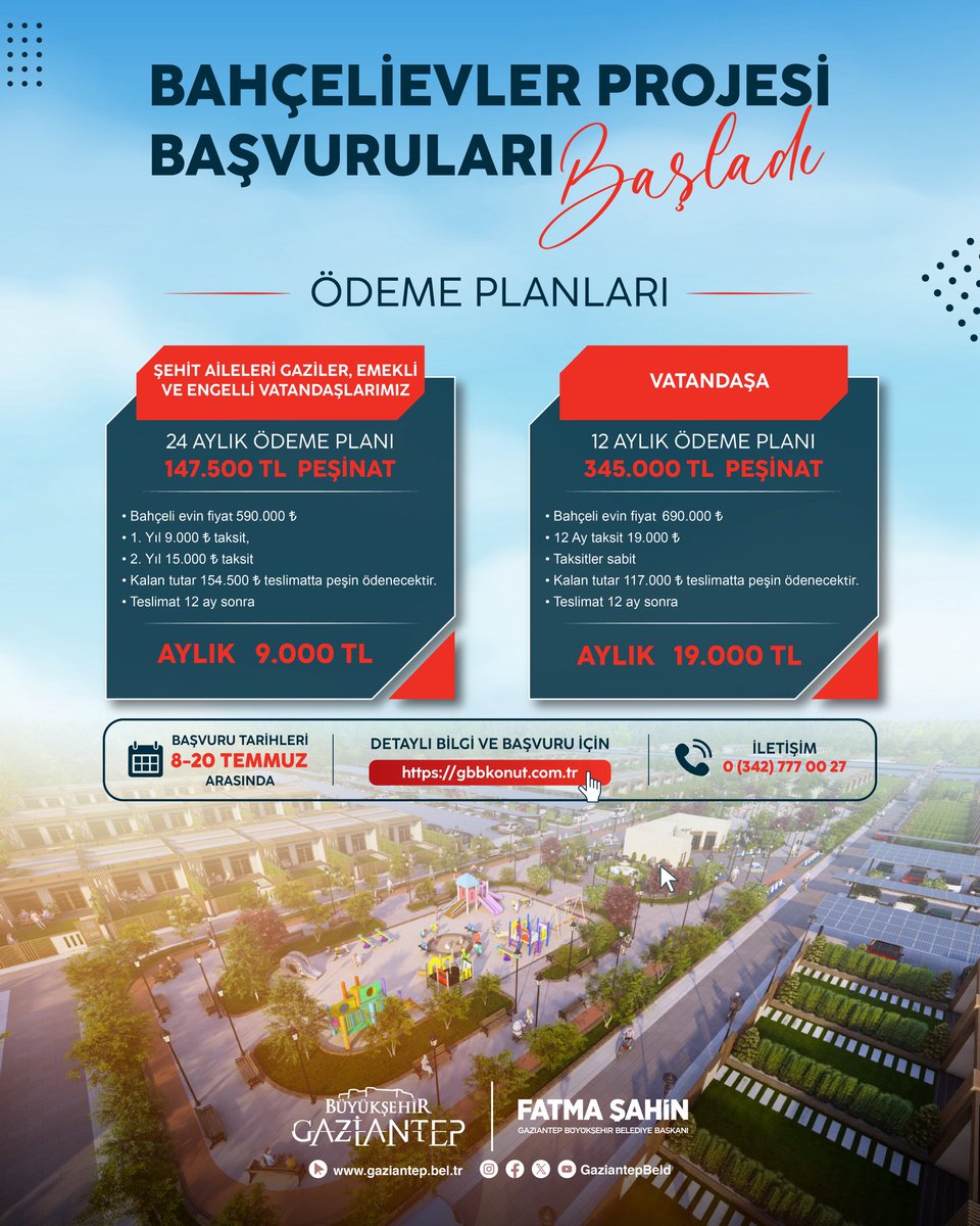 GaziantepBeld's tweet photo. Bahçelievler Projesi Başvuruları Başladı..

• 30 m² konut + yaklaşık 70 m² özel bahçe toplam = 100 m²

• Şehit aileleri, gaziler, emekli ve engelli vatandaşlarımıza 590 Bin TL

• %25 peşinat, aylık 9 Bin TL taksit

• Diğer vatandaşlara 690 Bin TL

• %50 peşinat, aylık 19 Bin TL taksit

Bahçelievler Projesi başvuruları 8-20 Temmuz tarihleri aras��nda alınacak.

Detaylı bilgi ve başvuru:

https://t.co/JNzQ74Tiy5