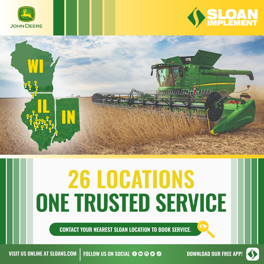 sloanimplement's tweet photo. Serving farmers with dependable service across 26 locations! Ready for the season? Schedule your combine or tractor inspection now.

Book your inspection today and get ahead of downtime!

#SloanImplement #FarmService #TractorInspection #CombineInspection #UptimeMatters https://t.co/5ZLdm3unwn
