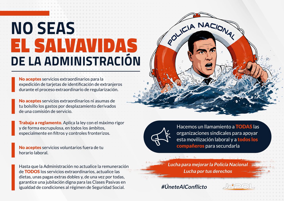JupolNacional's tweet photo. #Urgente: 
🛟 No seas el salvavidas de la Administración

❌ No aceptes servicios extraordinarios para la expedición de tarjetas de identificación de extranjeros durante el proceso extraordinario de regularización.

❌ No aceptes servicios extraordinarios ni asumas de tu bolsillo los gastos por desplazamiento derivados de una comisión de servicio.

❌ Trabaja a reglamento. Aplica la ley con el máximo rigor y de forma escrupulosa, en todos los ámbitos, especialmente en filtros y controles fronterizos.

❌ No aceptes servicios voluntarios fuera de tu horario laboral.

✅ Hasta que la Administración no actualice la remuneración de TODOS los servicios extraordinarios, actualice las dietas, abone unas pagas extras dobles y, de una vez por todas garantice una jubilación digna para las clases pasivas en igualdad de condiciones al régimen de Seguridad Social

💪 Hacemos un llamamiento a TODAS las organizaciones sindicales para apoyar esta movilización laboral y a todos los compañeros para secundarla.

🫡 Lucha para mejorar la Policía Nacional. Lucha por tus derechos. Depende de ti.

#ÚneteAlConflicto

⚖️ JUPOL #EquiparacionYa y mucho más.