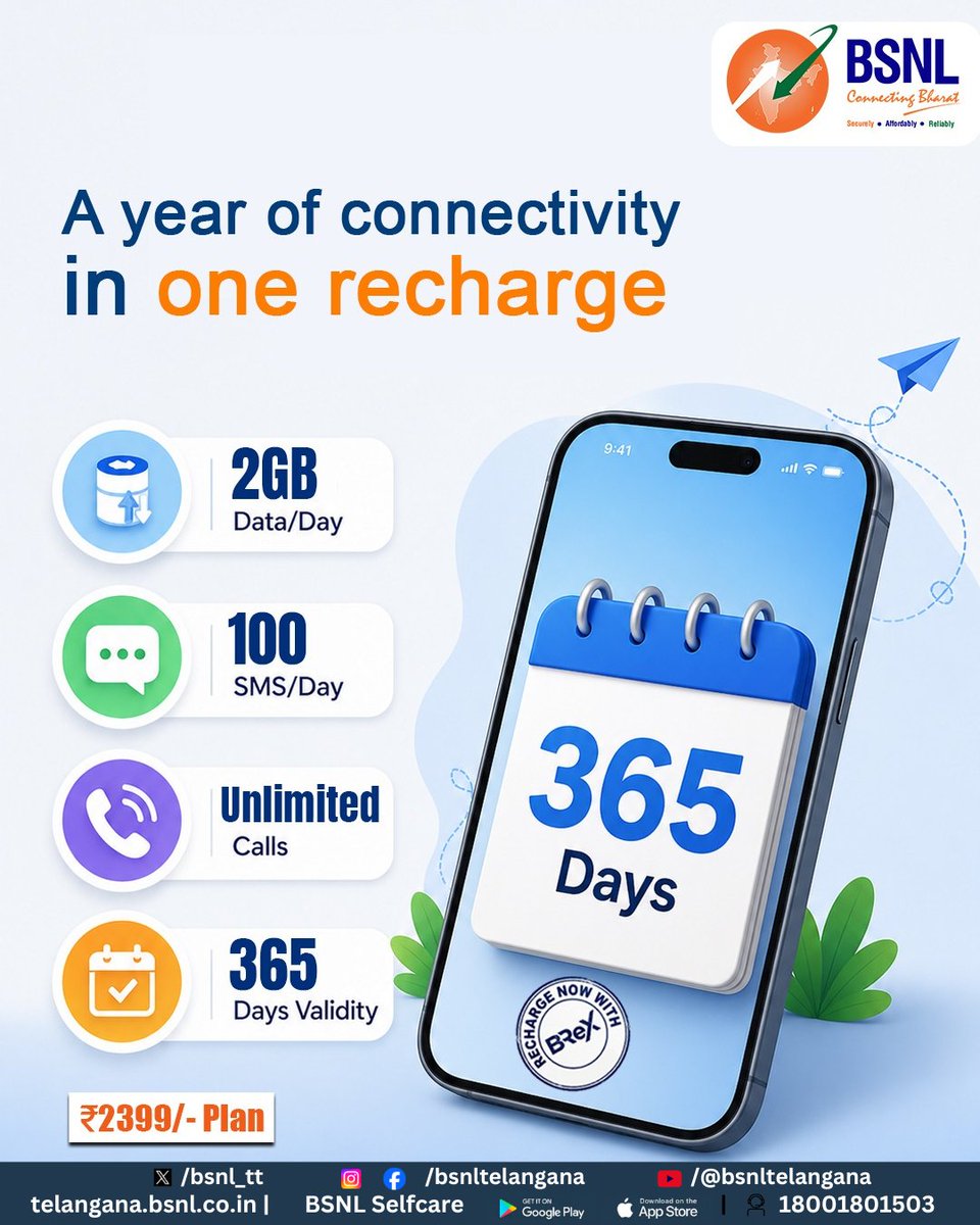 bsnl_tt's tweet photo. Why keep counting recharge dates when one plan keeps you connected all year? 📅✨

Recharge with the BSNL ₹2399 Plan and enjoy:
✅ 2GB Data/day
✅ Unlimited Voice Calls
✅ 100 SMS/day
✅ 365 Days Validity

One recharge. One full year of uninterrupted connectivity.

#BSNL #4G https://t.co/JgVV0GrBar