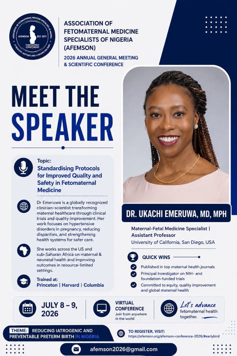 AFEMSONig's tweet photo. 🎙️ Meet the Speaker!

We’re excited to welcome Dr. Ukachi Emeruwa, MD, MPH (@UCSDHealth)

📅 July 8–9, 2026
💻 Virtual Conference

To register: https://t.co/T3p1TVvED6

#AFEMSON2026 #FetoMaternalHealth #PatientSafety #GlobalHealth #ObGyn #MedTwitter https://t.co/7vp02z1tAI