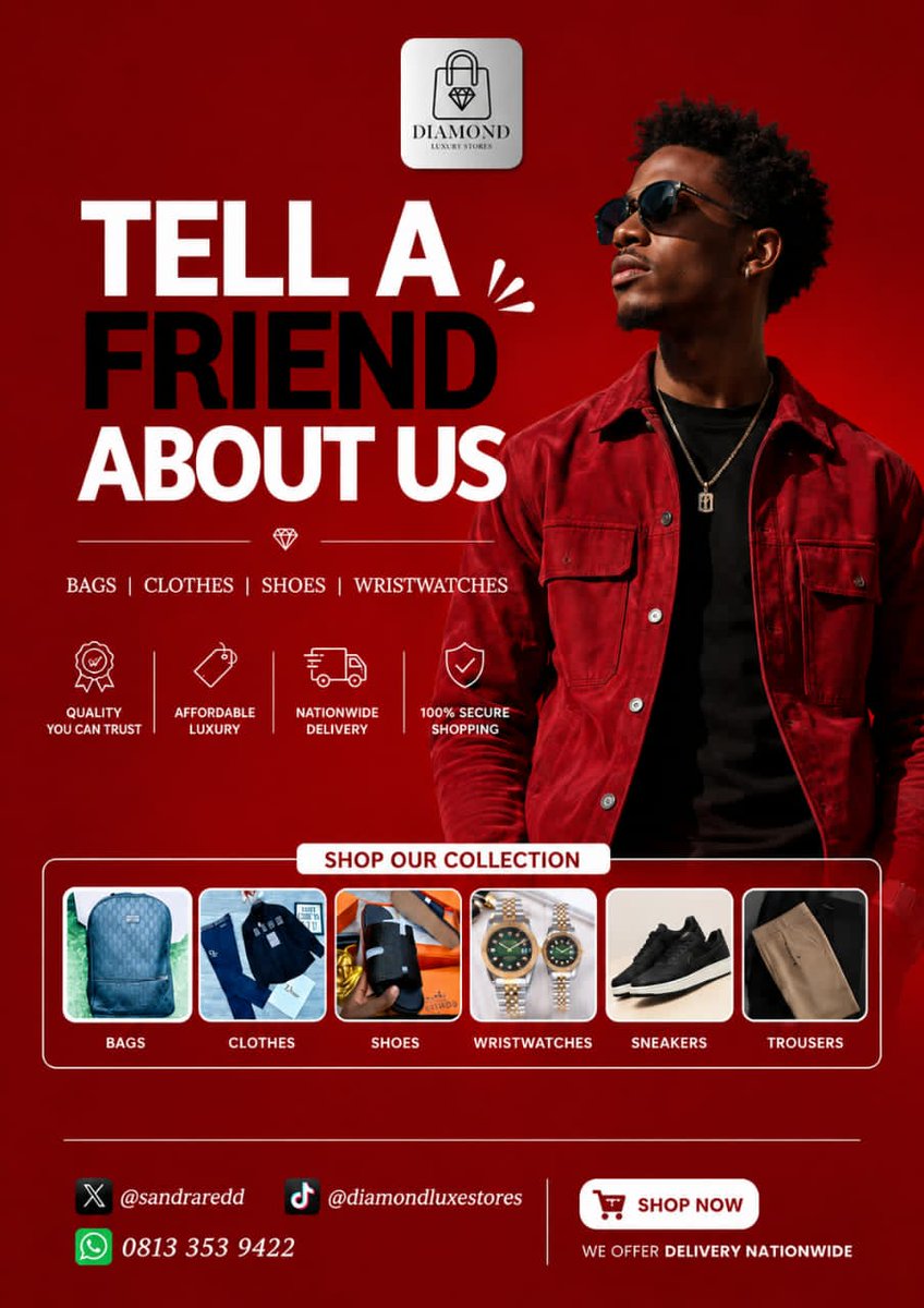 DiamondLuxza's tweet photo. DIAMOND LUXURY STORES ✨
We sell high-quality fashion pieces that upgrade your drip instantly:
👕 Jeans • Polo • Shorts • Sneakers
⌚ Wristwatches | 🧢 Snapbacks
💯 Trusted by 1,200+ customers

📦 Fast nationwide delivery
No stress. Premium fashion.

📲 Order now: 08133539422 https://t.co/iPTTELpUfI