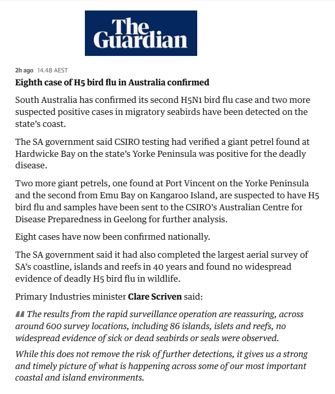 BigBadDenis's tweet photo. 8th case of H5 bird flu in Australia confirmed

"South Australia has confirmed its second H5N1 bird flu case and two more suspected positive cases in migratory seabirds have been detected on the state’s coast."

#BirdFluAustralia

Source: https://t.co/9b5aNitxSV https://t.co/Rk5OtMWZ9w