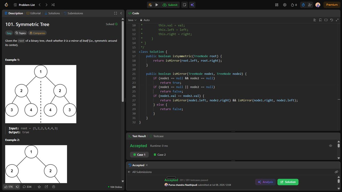 Purnachand12945's tweet photo. Day 38🚀 of  #SDESheetChallenge  by
@takeUforward_

Today I solved 4 problems: 
1.Maximum path sum
2.Construct a BT from Preorder and Inorder
3.Construct a BT from Postorder and Inorder
4.Symmetric Binary Tree

#SDESheetChallenge #TakeUForward #DSA #DataStructures https://t.co/SljpX0As6Q