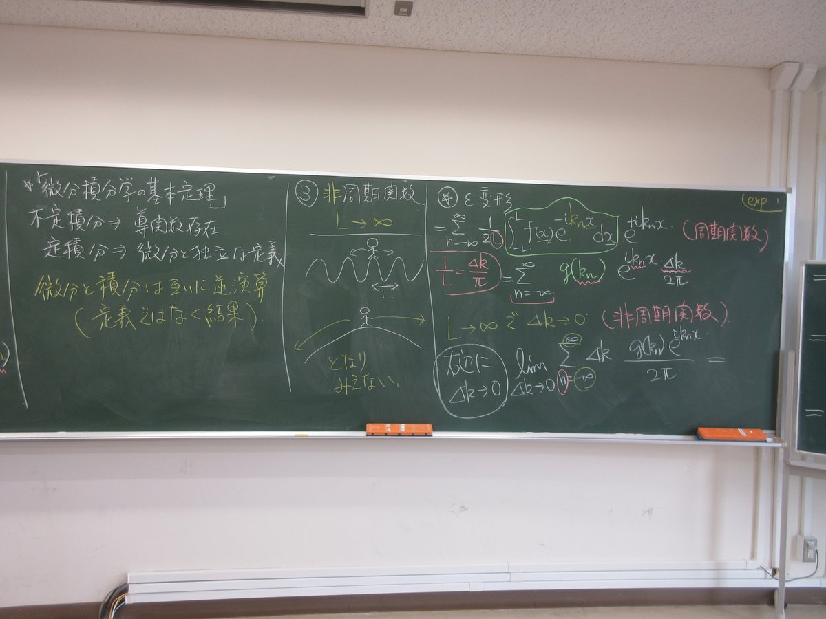 kngw_lecture's tweet photo. 応用数学A・フーリエ解析・3回目
* フーリエ級数のまとめ：複素形
* フーリエ変換の導出：
複素形から出発、非周期関数への拡張と定積分の定義を援用、変換と逆変換で対称的な形を誘導
* ラプラス変換と逆変換の導出：
フーリエ変換と逆変換が手持ちの道具。変換は複素関数への一般化。最後は複素積分 https://t.co/u3he4q6c1W