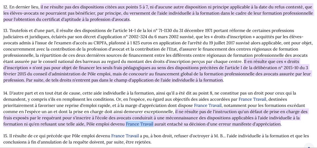 N_Hervieu's tweet photo. Elèves-avocats : France Travail peut refuser de prendre en charge les « droits d'inscription » (1 825 €) acquittés par un élève-avocat pour l'entrée au CRFPA.

Certes, « l'aide individuelle à la formation » n'est pas exclue (en vue du CAPA).

Mais elle n'est pas de droit. https://t.co/nmTJso0ibX