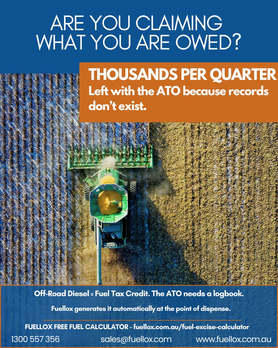 FuelloxFMS's tweet photo. Running off-road diesel and not claiming your full ATO rebate?
Well, the problem isn't eligibility. It's records.
No logbook = conservative estimate = thousands left on the table every Quarter.

Fuellox tracks: Every litre. Every machine. BAS-ready.

#Fuel #ATO #FuelManagement https://t.co/d5VAfSv119