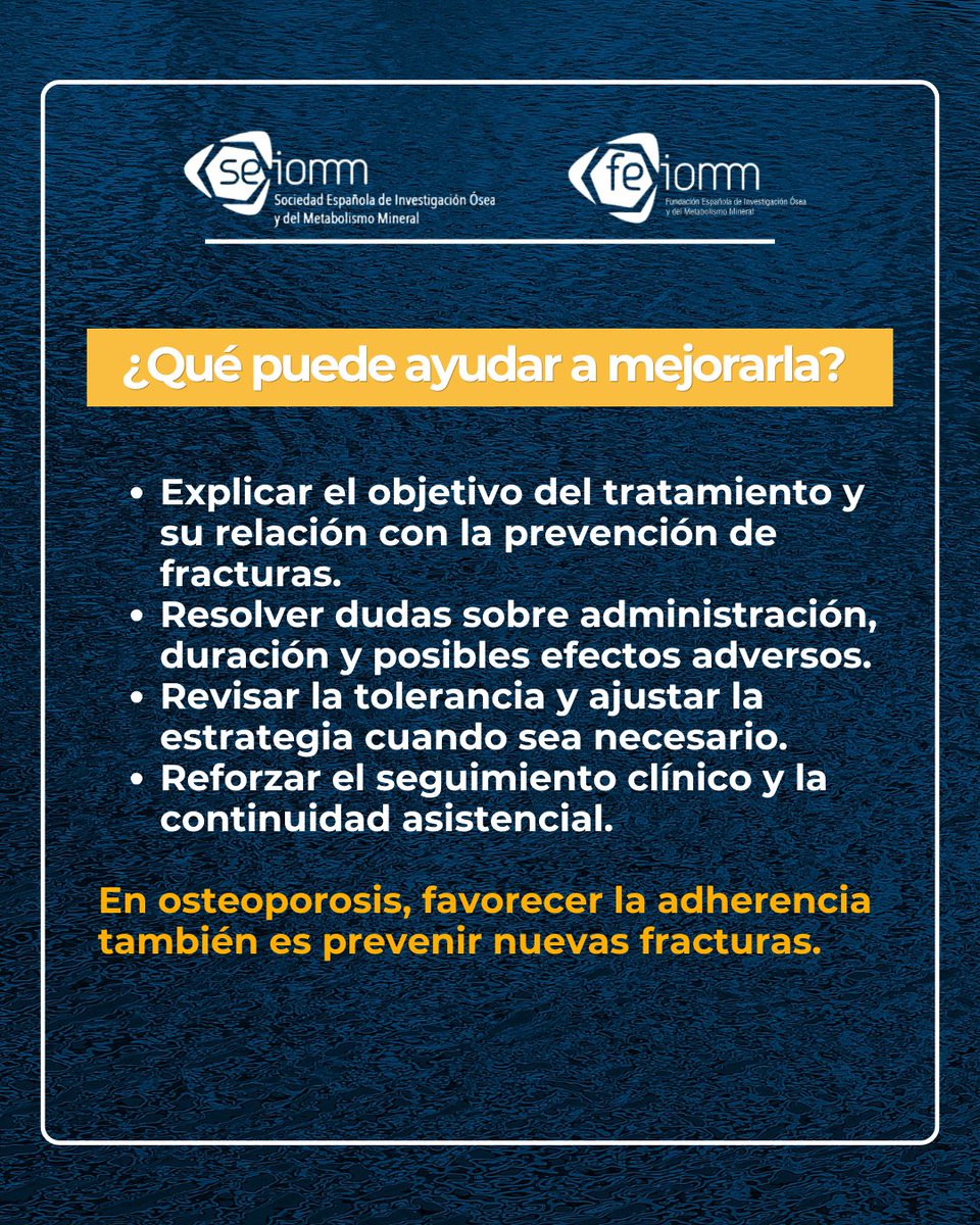 seiomm's tweet photo. La adherencia terapéutica es clave en osteoporosis.

La continuidad del tratamiento, su correcta administración y el seguimiento clínico ayudan a reducir el riesgo de fractura.

Informar, resolver dudas y adaptar la estrategia al perfil del paciente son aspectos fundamentales. https://t.co/tDLRTIC5Fc