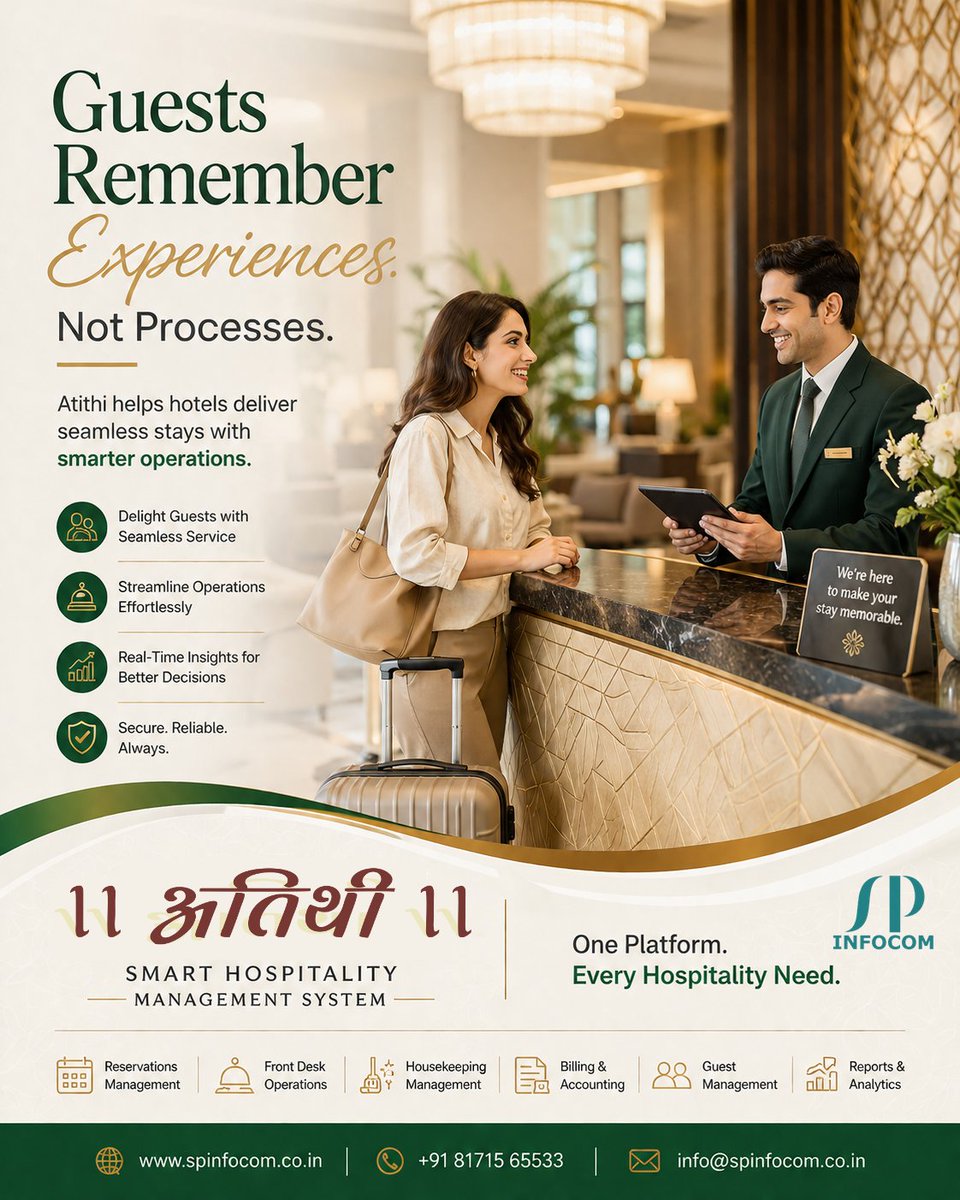 spinfocom's tweet photo. 🏨 Great hotels create memorable experiences—not operational hassles.
✨ Atithi helps streamline reservations, check-ins, housekeeping, billing, &amp; guest management from one platform.
One Platform. Every Hospitality Need.
#Atithi #HotelManagement  #GuestExperience #SPInfocom https://t.co/ZcY5xtScV2