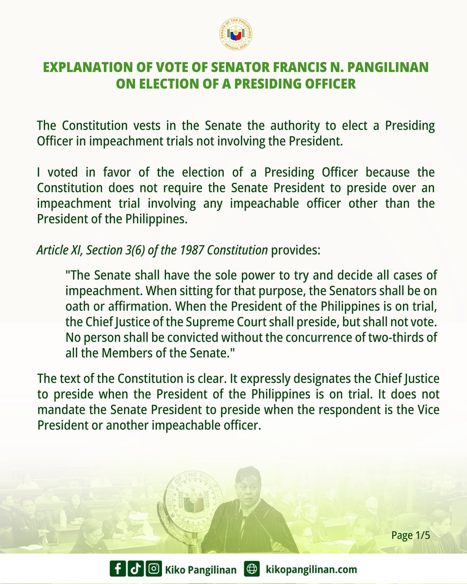 kikopangilinan's tweet photo. 𝗘𝗫𝗣𝗟𝗔𝗡𝗔𝗧𝗜𝗢𝗡 𝗢𝗙 𝗩𝗢𝗧𝗘 𝗢𝗡 𝗘𝗟𝗘𝗖𝗧𝗜𝗢𝗡 𝗢𝗙 𝗔 𝗣𝗥𝗘𝗦𝗜𝗗𝗜𝗡𝗚 𝗢𝗙𝗙𝗜𝗖𝗘𝗥

𝗜 𝘃𝗼𝘁𝗲𝗱 𝗶𝗻 𝗳𝗮𝘃𝗼𝗿 𝗼𝗳 𝘁𝗵𝗲 𝗲𝗹𝗲𝗰𝘁𝗶𝗼𝗻 𝗼𝗳 𝗮 𝗣𝗿𝗲𝘀𝗶𝗱𝗶𝗻𝗴 𝗢𝗳𝗳𝗶𝗰𝗲𝗿 pursuant to the Rules of Procedure on Impeachment Trials and consistent with the express text of the Constitution, the Senate's constitutionally granted rulemaking authority, and settled jurisprudence requiring that clear and unambiguous constitutional provisions be applied according to their express terms.

Basahin ang buong pahayag: