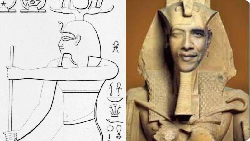 RomanMelej's tweet photo. Severo visita Egipto, participa en el culto del dios a cuya imagen y semejanza es retratado; asimilado mediante el calco del parentesco físico, e identificado como su encarnación terrenal⌛️Obama bromea sobre su parentesco con figuras del pasado egipcio. Retratado como un faraón. https://t.co/4y9Ud7fh9S