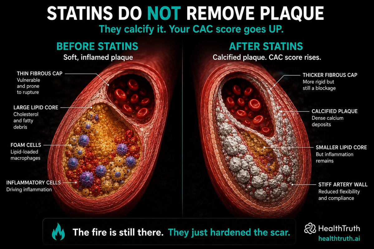 markkaplan20's tweet photo. Your doctor told you the statin is clearing your arteries.

It is not.

Statins do not remove plaque. They calcify it. They take soft, inflamed, vulnerable plaque and harden it into calcium deposits.

That is why your CAC score goes UP on a statin. Your doctor will tell you not to worry about it. But think about what that means for a moment.

The drug is not reversing the disease. It is turning soft plaque into stone.

Yes, calcified plaque is more stable. It is less likely to rupture. That is real. I will not pretend otherwise.

But look at what has not changed.

The lipid core is still there. The inflammation is still there. The artery wall is now stiff and rigid, with reduced flexibility and compliance.

Nothing about why the plaque formed in the first place has been addressed. The insulin resistance that damaged the wall. The inflammation that recruited the immune cells. The oxidative stress that turned LDL into oxLDL. All still running.

The fire is still there. They just hardened the scar.

Root cause asks a different question. Instead of calcifying the plaque after it forms, what if you stopped it from forming in the first place?