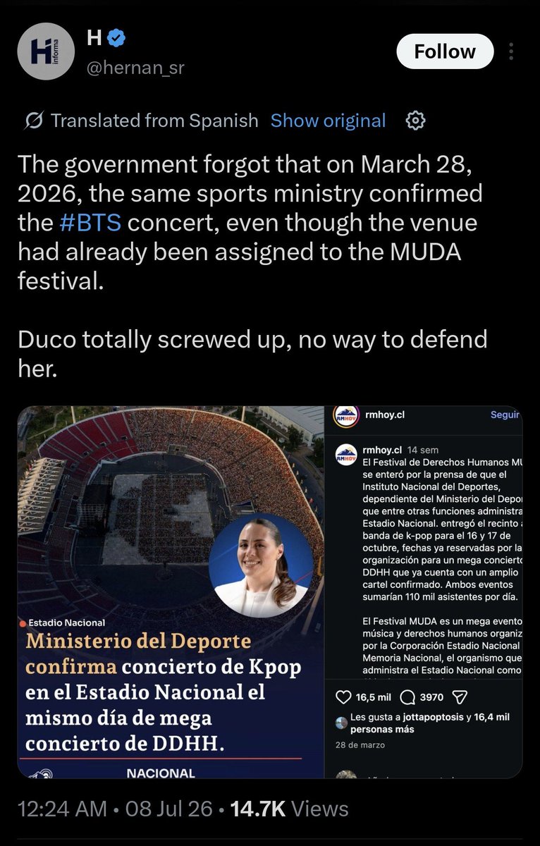 skitlegend's tweet photo. Ini gila banget sih. Pemerintah Chile lupa kalo tanggal 28 Maret 2026 yang lalu tuh sebenernya Kementerian Olahraga telah mengonfirmasi konser BTS di Estadio Nacional, meskipun stadion tersebut sebenarnya sudah dijadwalkan untuk acara lain, yaitu Festival MUDA (Festival Hak Asasi Manusia). Loh? Berarti perijinannya ganda dong ini?? Gimana sih??
 
Pernyataan resmi Menteri Olahraga, Natalia Duco yang sebelumnya bilang kalo belom ada ijin lapangan itu berarti gak sesuai. Bohong dia. Banyak orang di Chile menganggap bahwa Duco telah melakukan kesalahan fatal dan tidak ada cara untuk membelanya. 

Kemarahan ARMY Chile ke dia emang pantes banget sih inii. Punya menteri nyebelin bangettt.