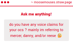 moosemouses's tweet photo. Danny and Reese are actually gonna be voiced by two of my close friends for a short animation film project I'm making, so I think those'll kinda become their voices for the time being :D Mercer sounds like James Spader. https://t.co/FFkoRFSZKE