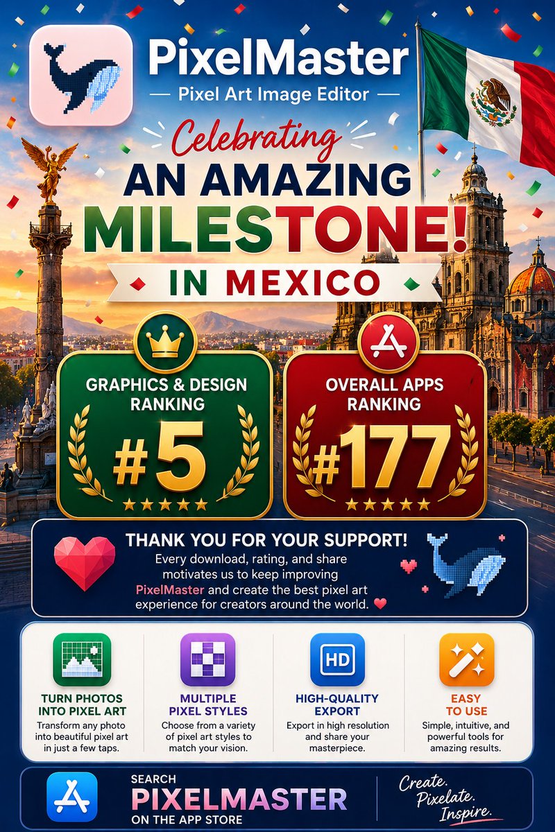 emperinter's tweet photo. 🎉 #PixelMaster 再创佳绩!
🇲🇽 在 #墨西哥 App Store:
🏆 #图形与设计 榜单 #第5名
📱 #应用总 榜第 177 名
感谢每一位用户的支持与喜爱 ❤️
立即体验 👇
https://t.co/w03iggwXGc
#PixelMaster #像素艺术 #PixelArt #独立开发 #AppStore #iOSApp #Mexico #TopCharts #IndieDev https://t.co/d7Yen33cx3