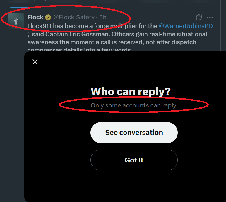 syntec1000's tweet photo. @LibertyCappy Not only does @Flock_Safety not respect the 4th Amendment - they do not like the 1st Amendment either. https://t.co/aQGFzn2T2X
