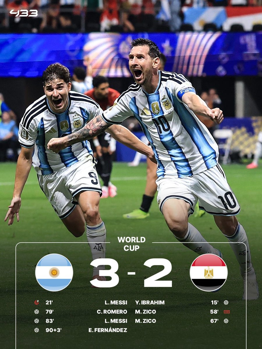 SEOSENA7's tweet photo. 今日はFIFAワールドカップ2026！ラウンド16アルゼンチン代表VSエジプト代表3−2でアルゼンチン代表が勝ちました！0−2から3−2で大逆転勝利！えぐすぎ！ https://t.co/RMrGA0ngo2