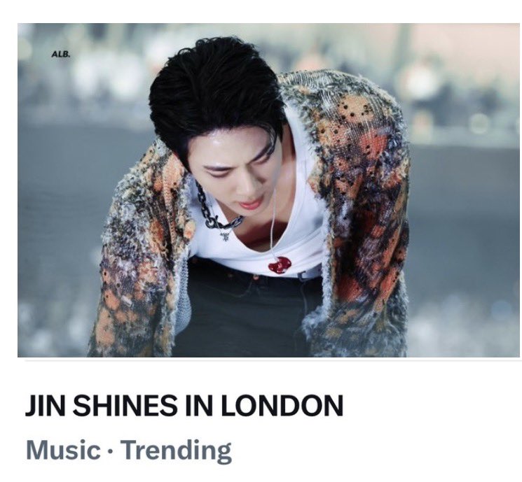kinskay's tweet photo. Jin’s Shines in London keyword is still trending in the US🇺🇸 tonight . 
Let’s continue to focus on Jin as we stream, vote and trend . Use his BR tags and react timely to his k-media articles. Thank you for loving and supporting Jin . 

JIN SHINES IN LONDON
#BTS_WORLDTOUR_ARIRANG
#BTS_WORLDTOUR_ARIRANG_LONDON_D2