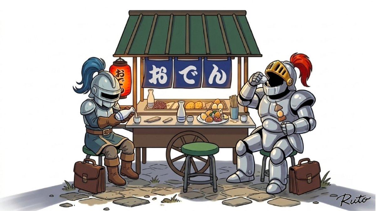 ruto_ruto55's tweet photo. 仕事終わりに屋台で日本酒をキメるピエールとサイモンたち。

#ドラクエ #ファンアート #スライムナイト #さまようよろい #DQ https://t.co/u4BowaS5TT