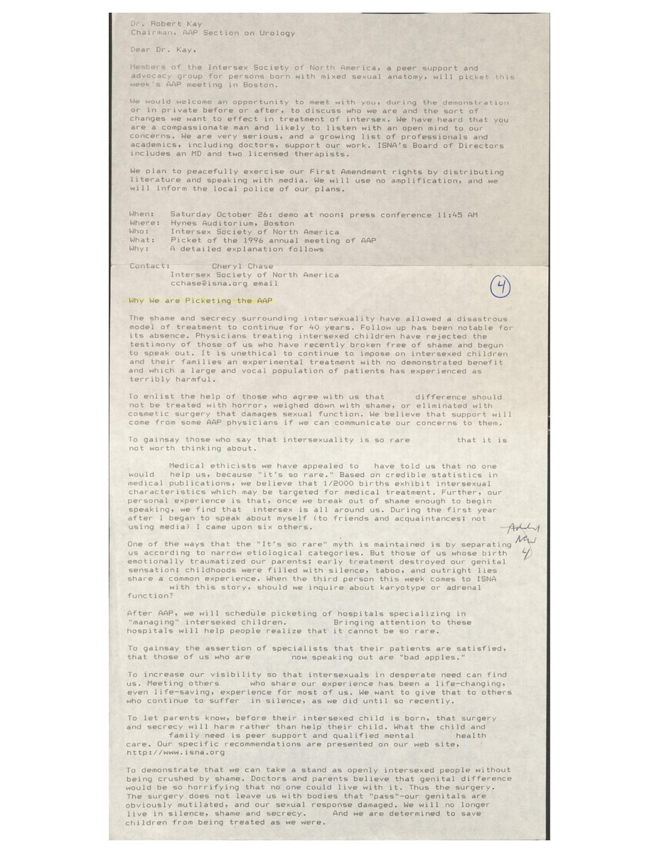 bolaurent's tweet photo. In October 1996, intersex people and allies picketed the American Academy of Pediatrics. Read the letter they shared with AAP and press at the time. https://t.co/Ln4woNKJta