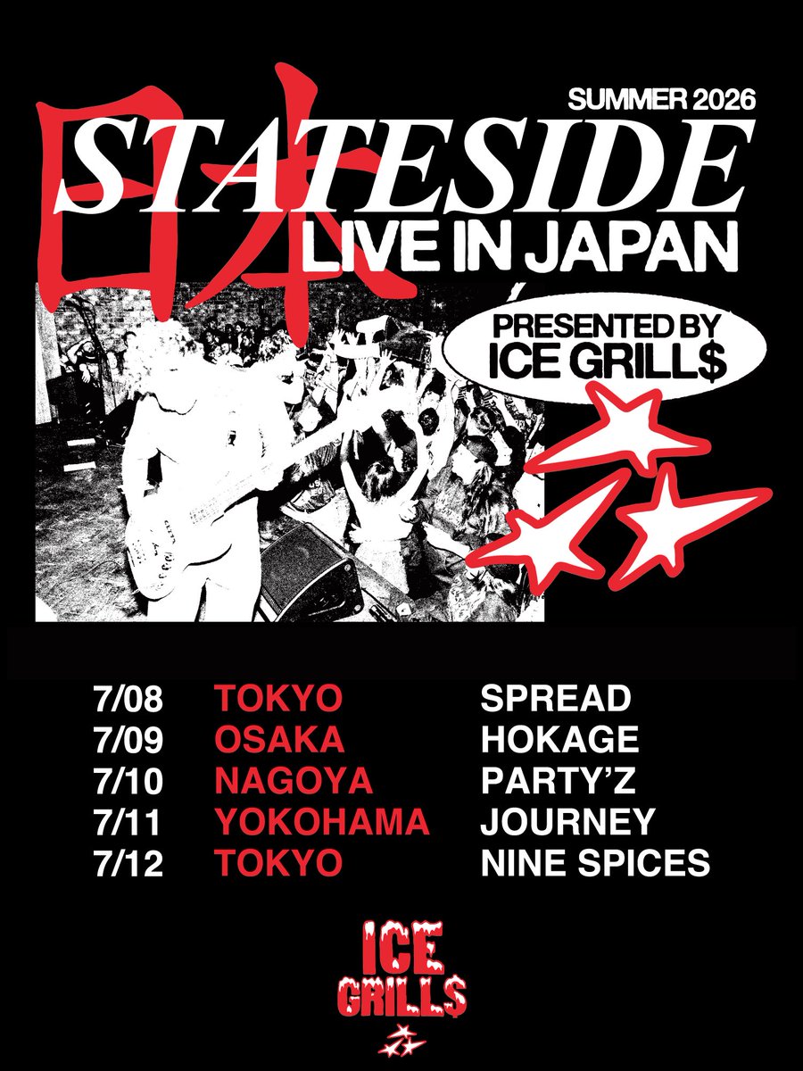 icegrillsjp's tweet photo. 🗼TOKYO TONIGHT🗼
STATESIDE "JAPAN TOUR 2026"
7/8 下北沢SPREAD

18:30 - DOORS
19:00 - @HollowSuns 
19:45 - @SeeYouSmile_ 
20:30 - @Statesideca 🇺🇸

🎫当日券あり
🎫前売りチケット / 取り置きは17:00まで
https://t.co/3DiNlE2wIv
https://t.co/G9HCahMZuH

ツアー初日よろしくお願いします！ https://t.co/PvYl5usez9